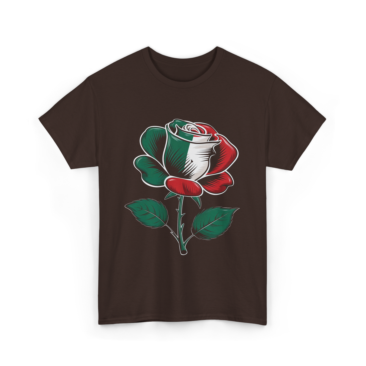 Rose Italian Green Red Flower T-Shirt - Dark Chocolate