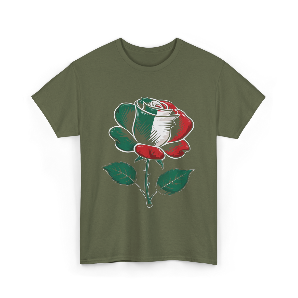 Rose Italian Green Red Flower T-Shirt - Military Green