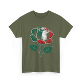 Rose Italian Green Red Flower T-Shirt - Military Green