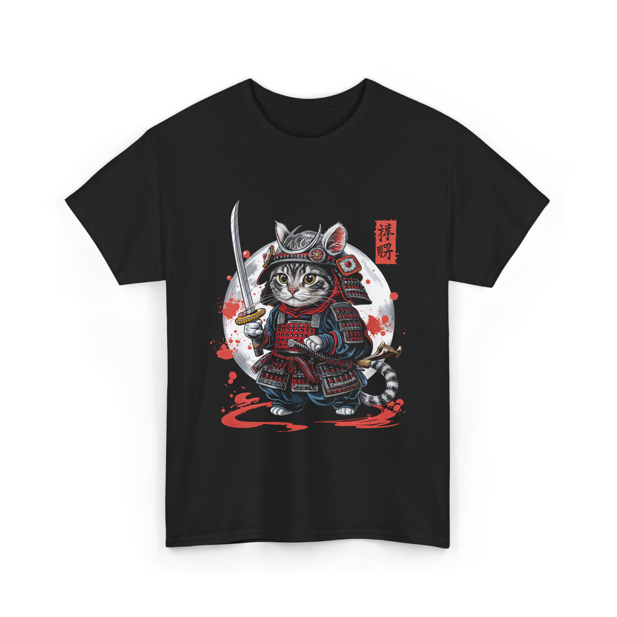 Samurai Cat Kawaii Ninja Cat T-Shirt - Black