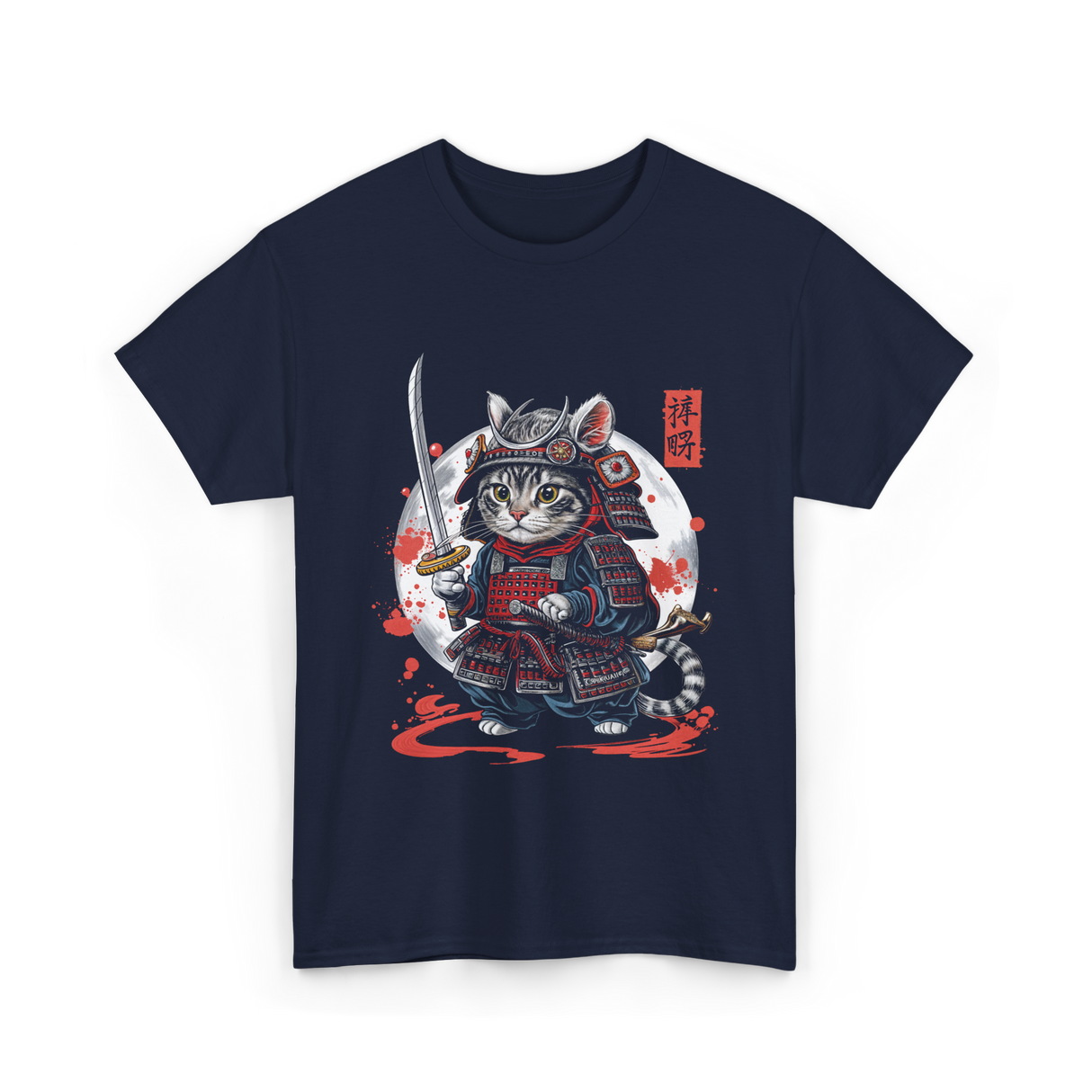 Samurai Cat Kawaii Ninja Cat T-Shirt - Navy