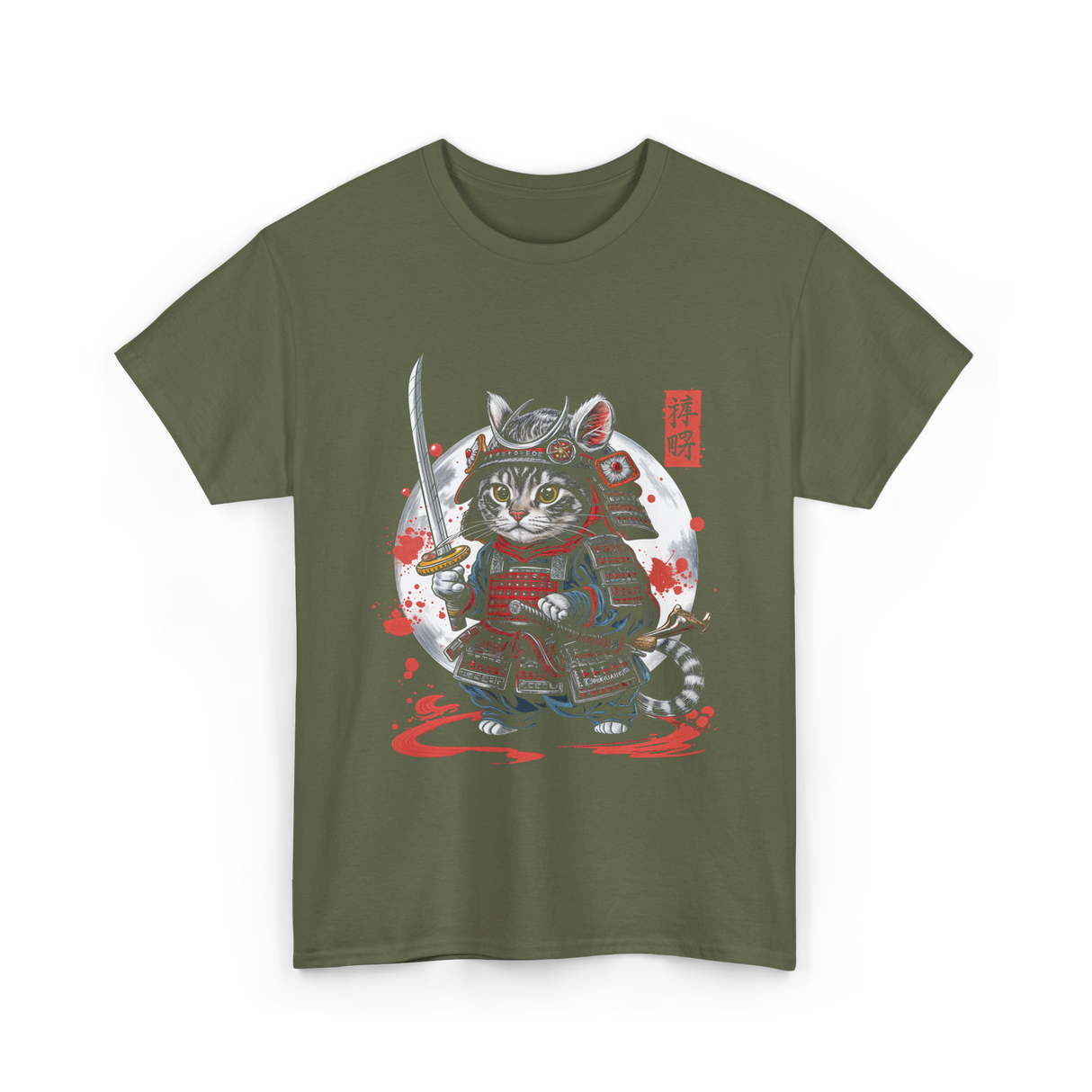 Samurai Cat Kawaii Ninja Cat T-Shirt - Military Green