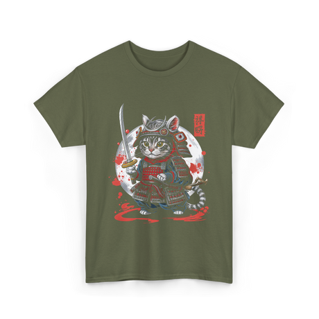 Samurai Cat Kawaii Ninja Cat T-Shirt - Military Green