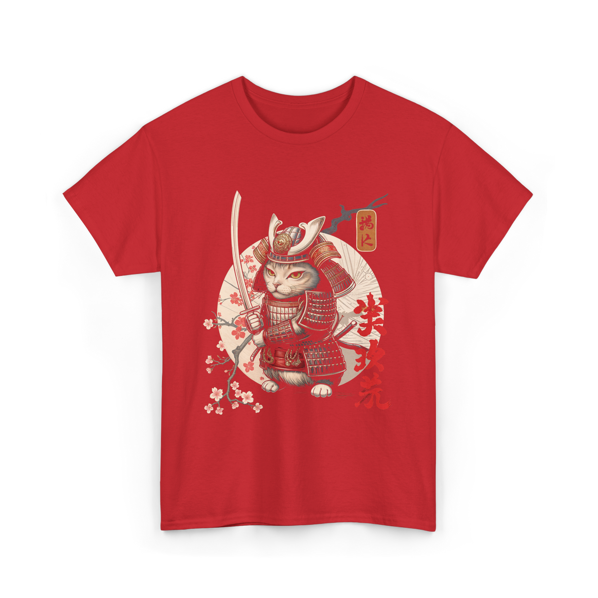 Samurai Cat Tattoo Cat Warrior T-Shirt - Red