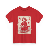 Samurai Cat Warrior Art Anime T-Shirt - Red