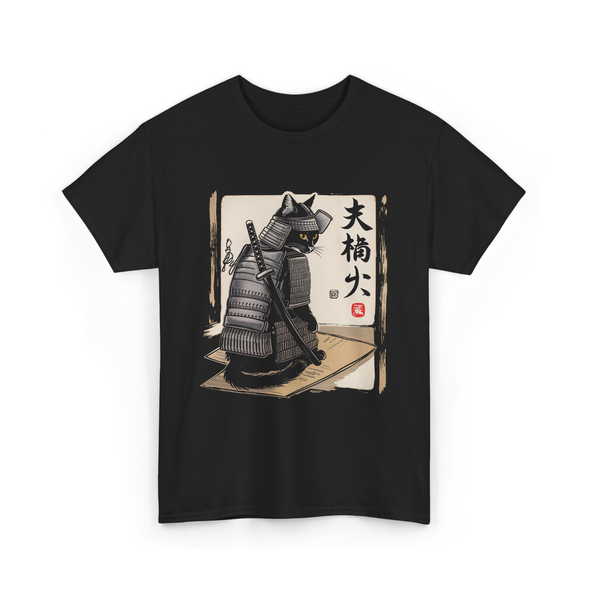 Samurai Cat Warrior Cat Ukiyo T-Shirt - Black