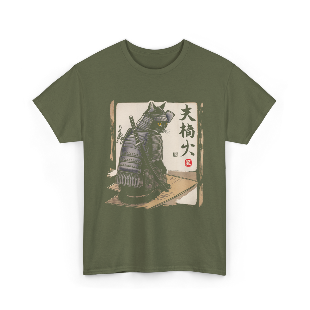 Samurai Cat Warrior Cat Ukiyo T-Shirt - Military Green