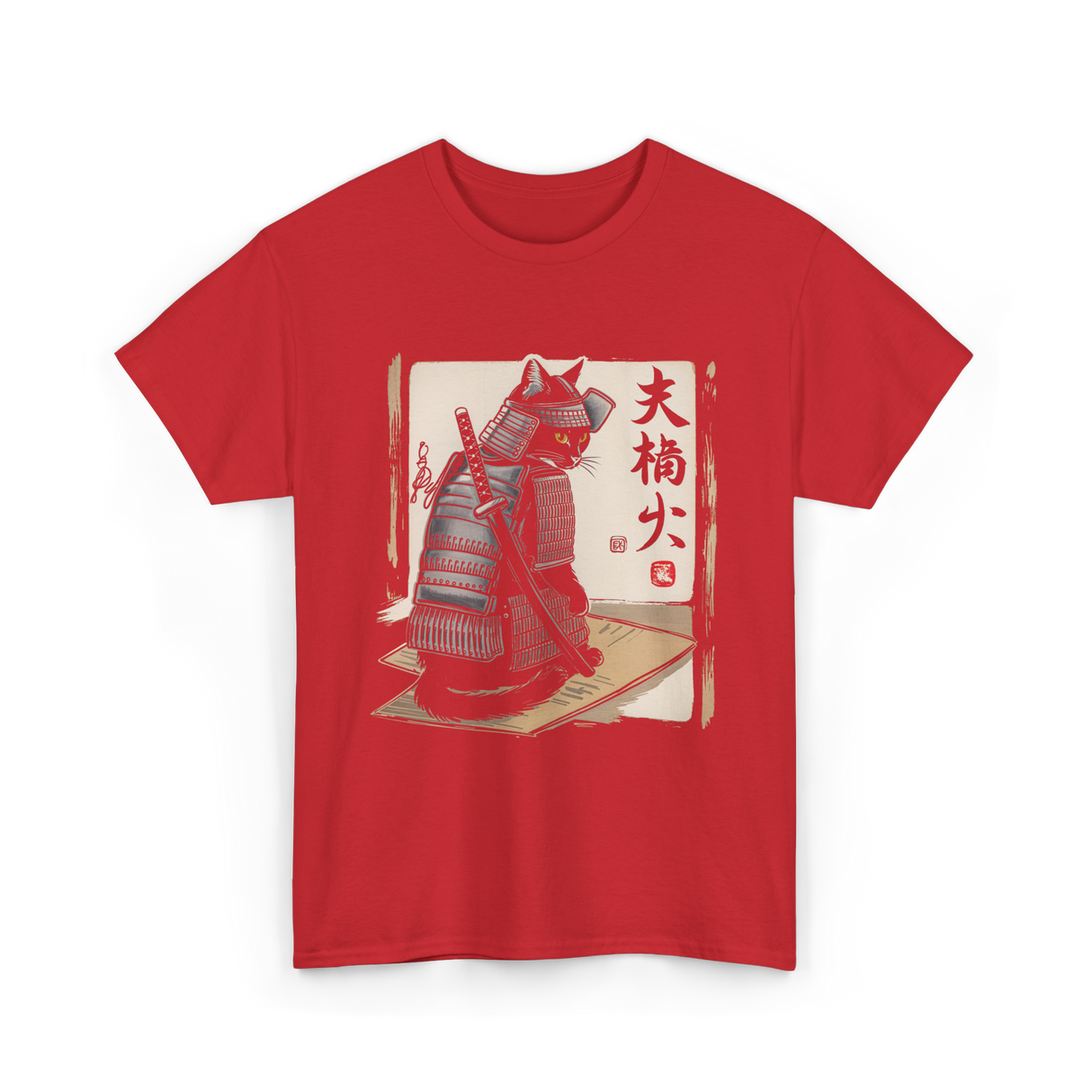 Samurai Cat Warrior Cat Ukiyo T-Shirt - Red