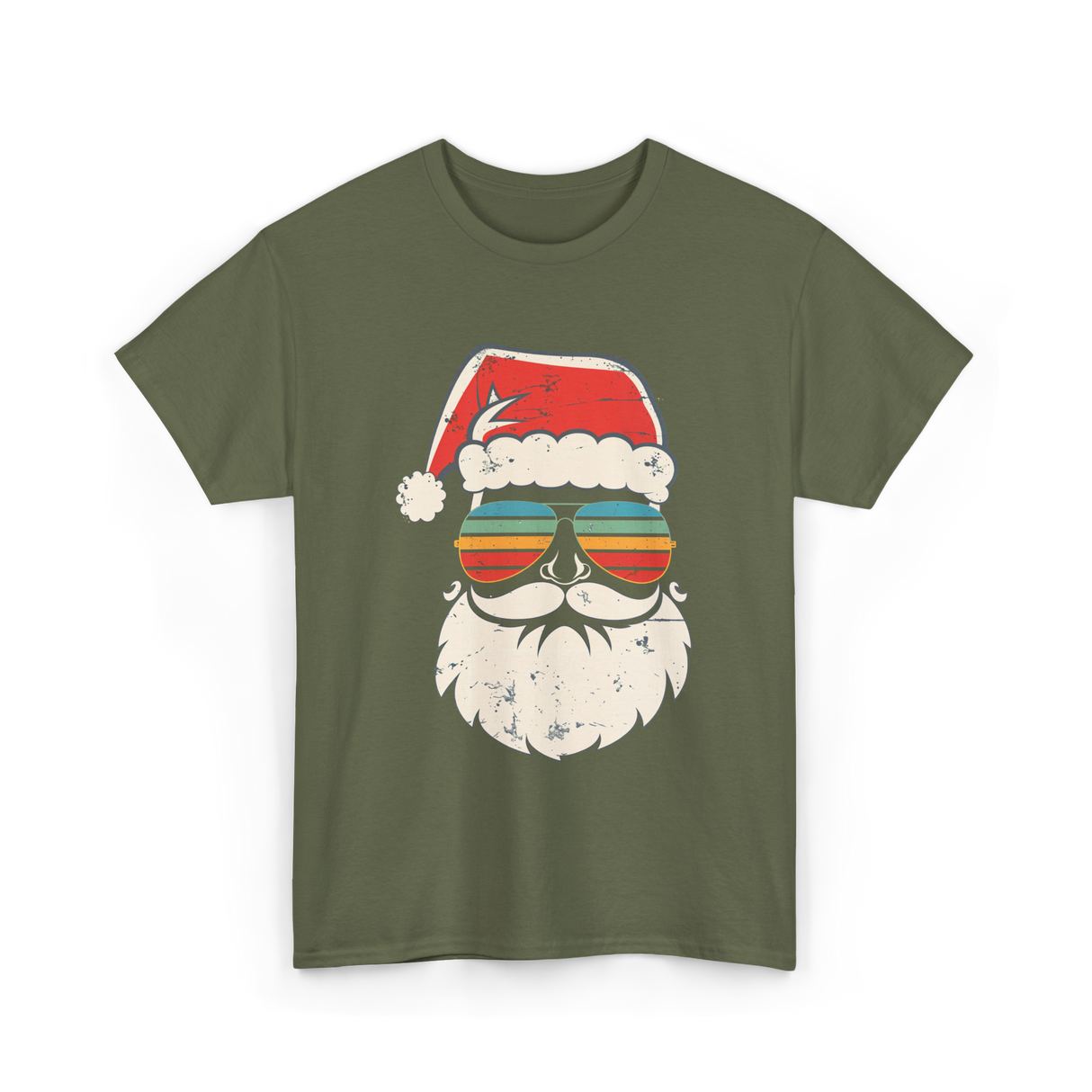 Santa Face Retro Christmas Santa T-Shirt - Military Green