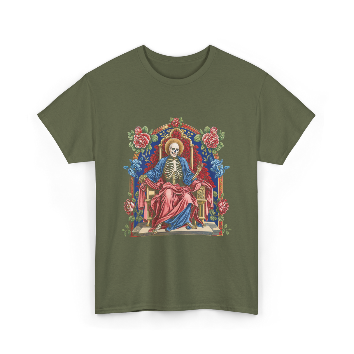 Santa Muerte Saint Death Skeleton T-Shirt - Military Green