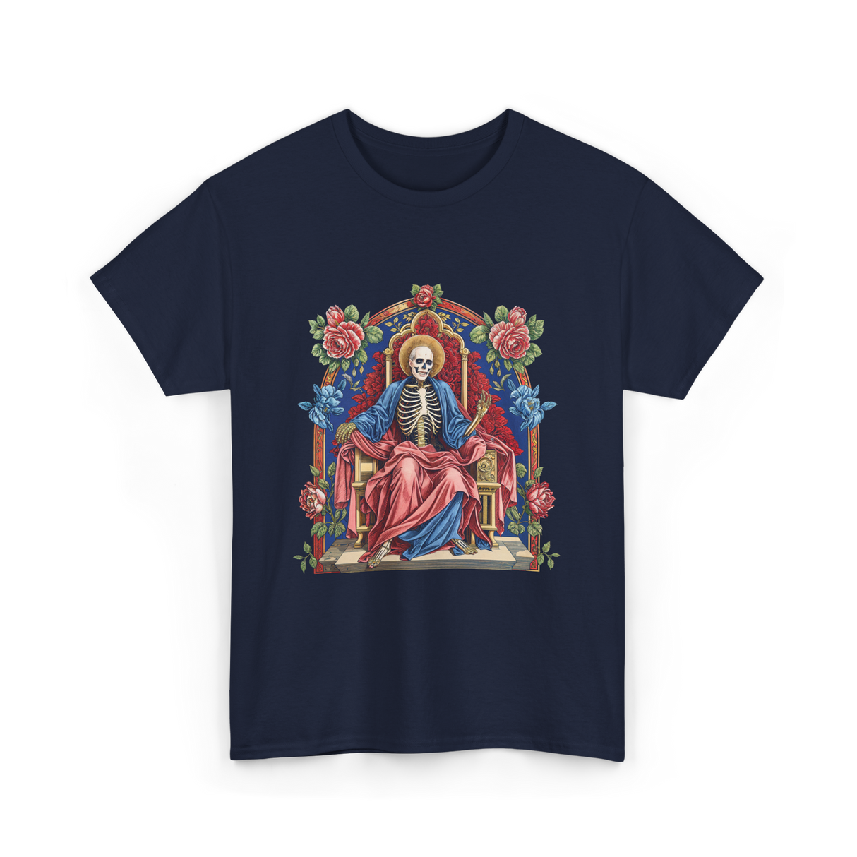 Santa Muerte Saint Death Skeleton T-Shirt - Navy