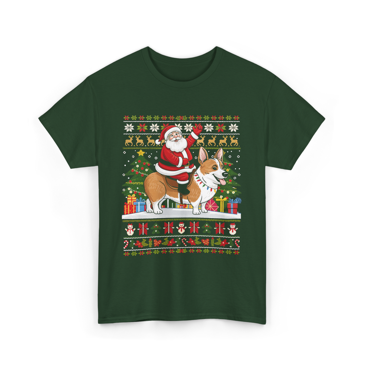 Santa Riding Corgi Corgi Christmas T-Shirt - Forest Green