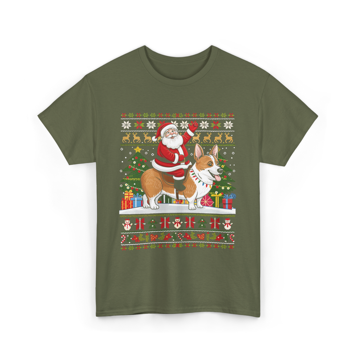 Santa Riding Corgi Corgi Christmas T-Shirt - Military Green