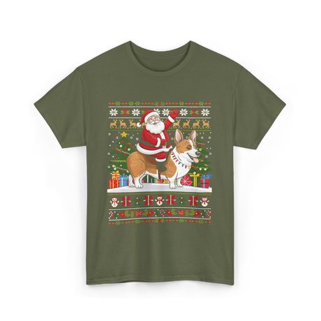 Santa Riding Corgi Corgi Christmas T-Shirt - Military Green