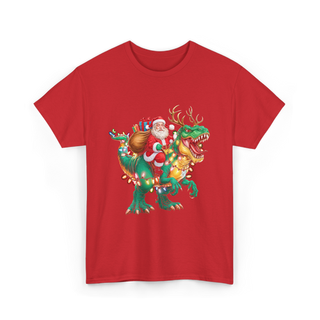 Santa Riding Dinosaur Christmas T-Shirt - Red