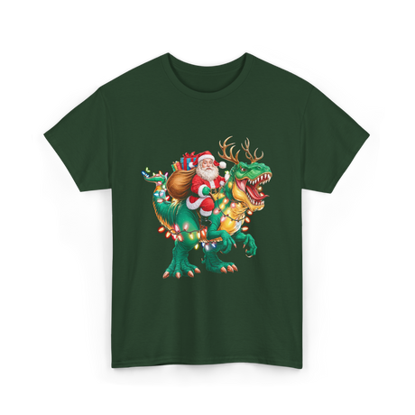 Santa Riding Dinosaur Christmas T-Shirt - Forest Green