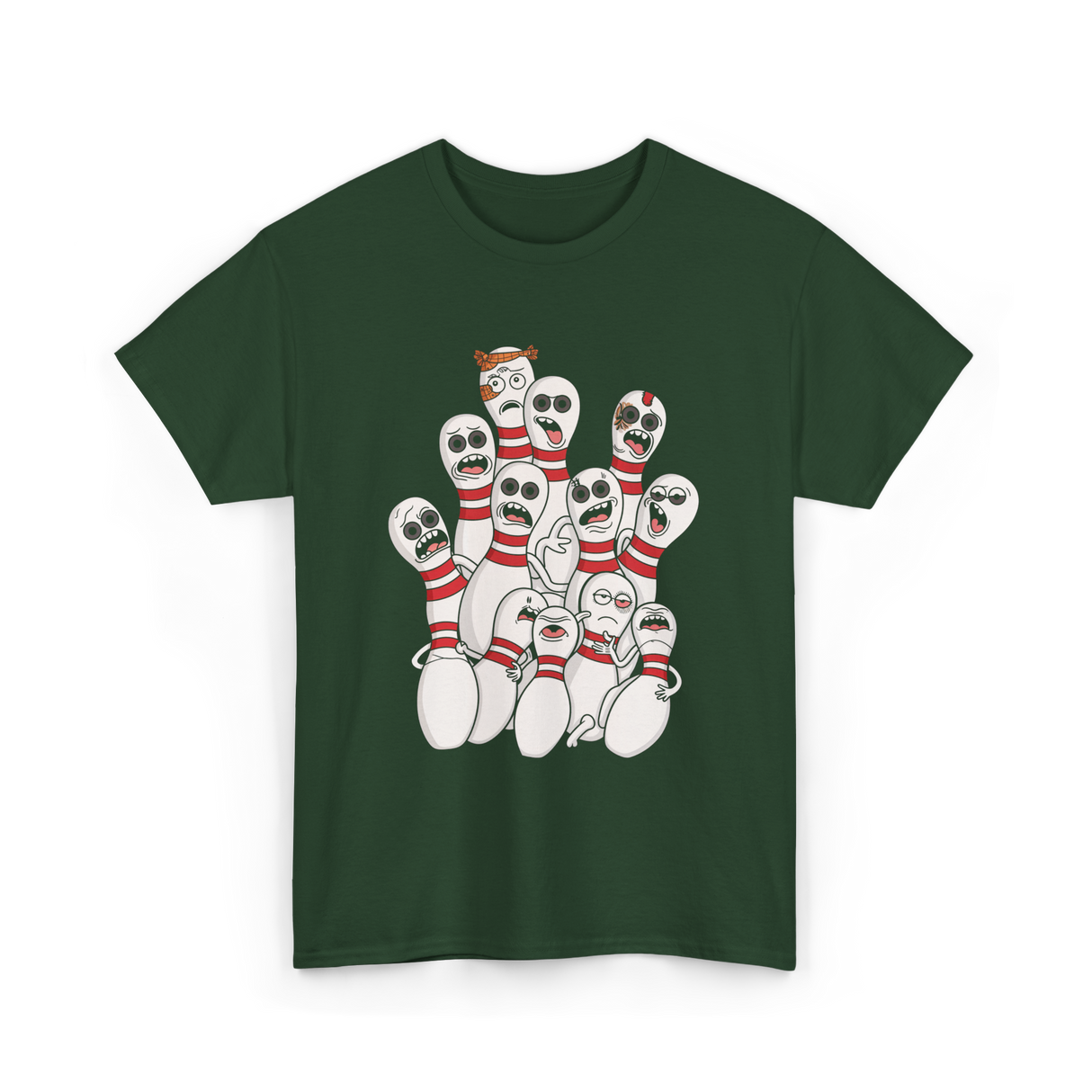 Scared Bowling Pins Bowling T-Shirt - Forest Green