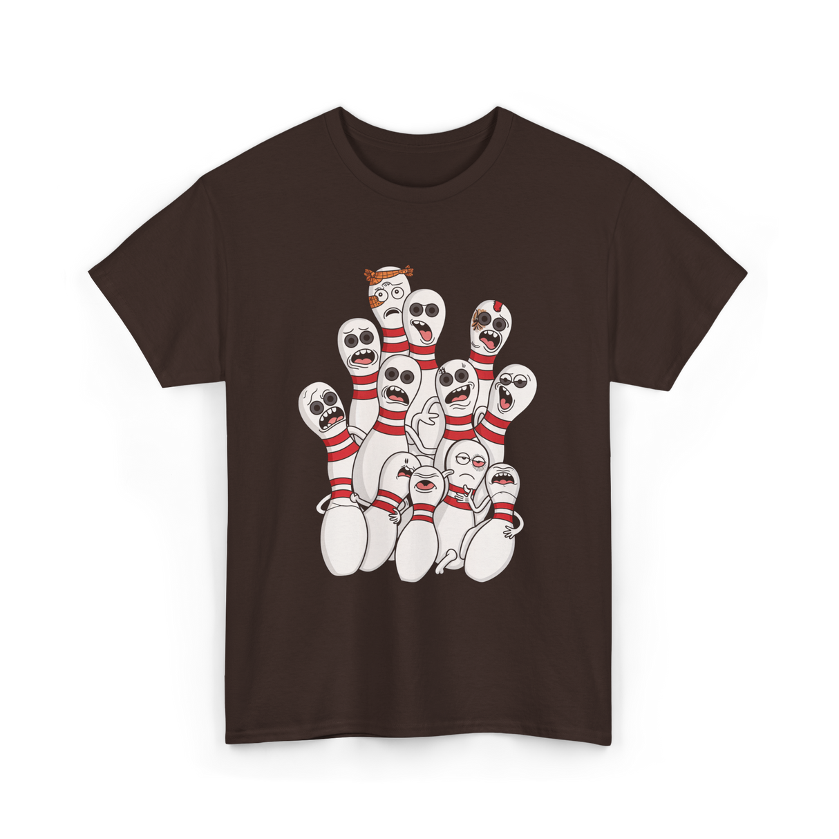 Scared Bowling Pins Bowling T-Shirt - Dark Chocolate