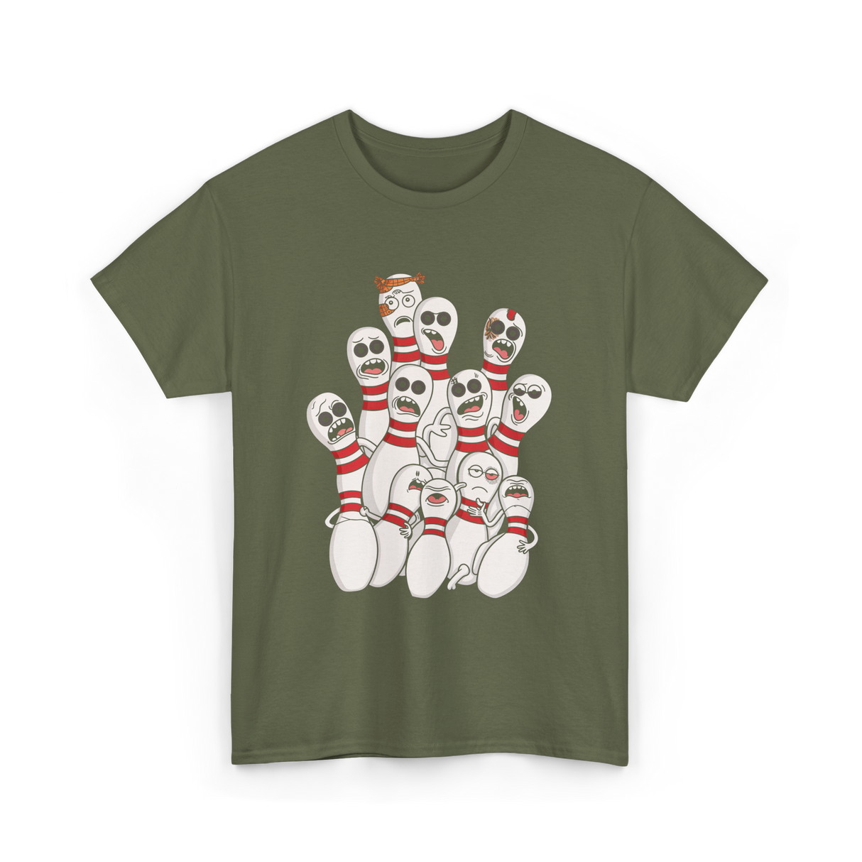 Scared Bowling Pins Bowling T-Shirt - Military Green