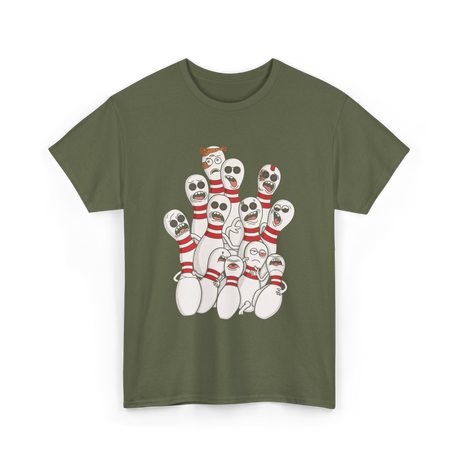 Scared Bowling Pins Bowling T-Shirt - Military Green