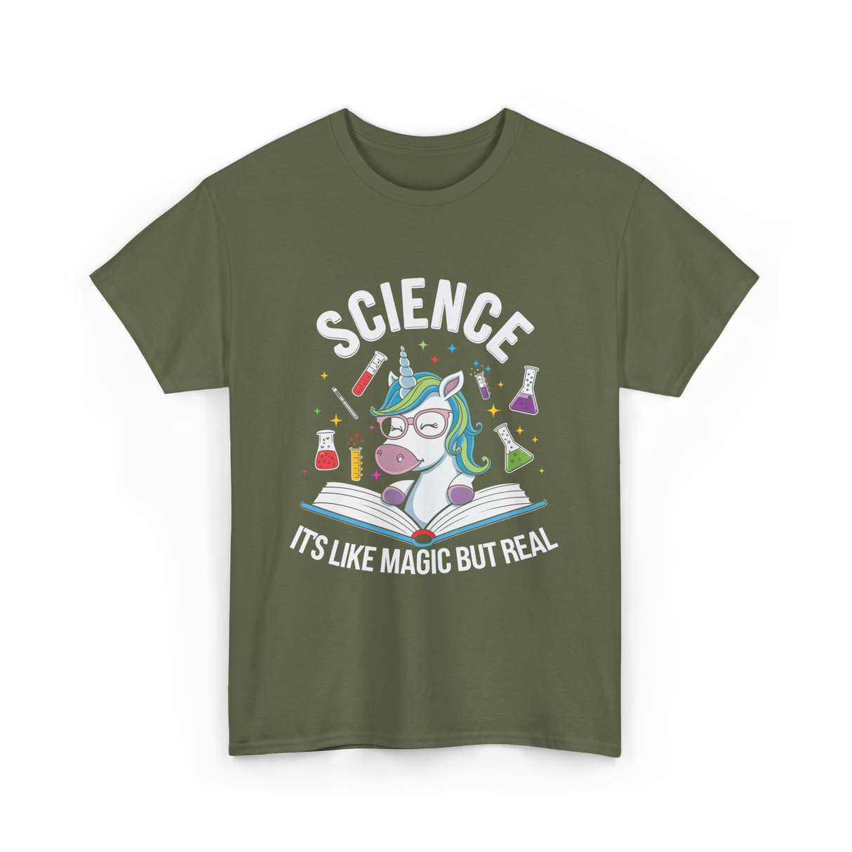 Science It's Like Magic Unicorn T-Shirt - Military Green