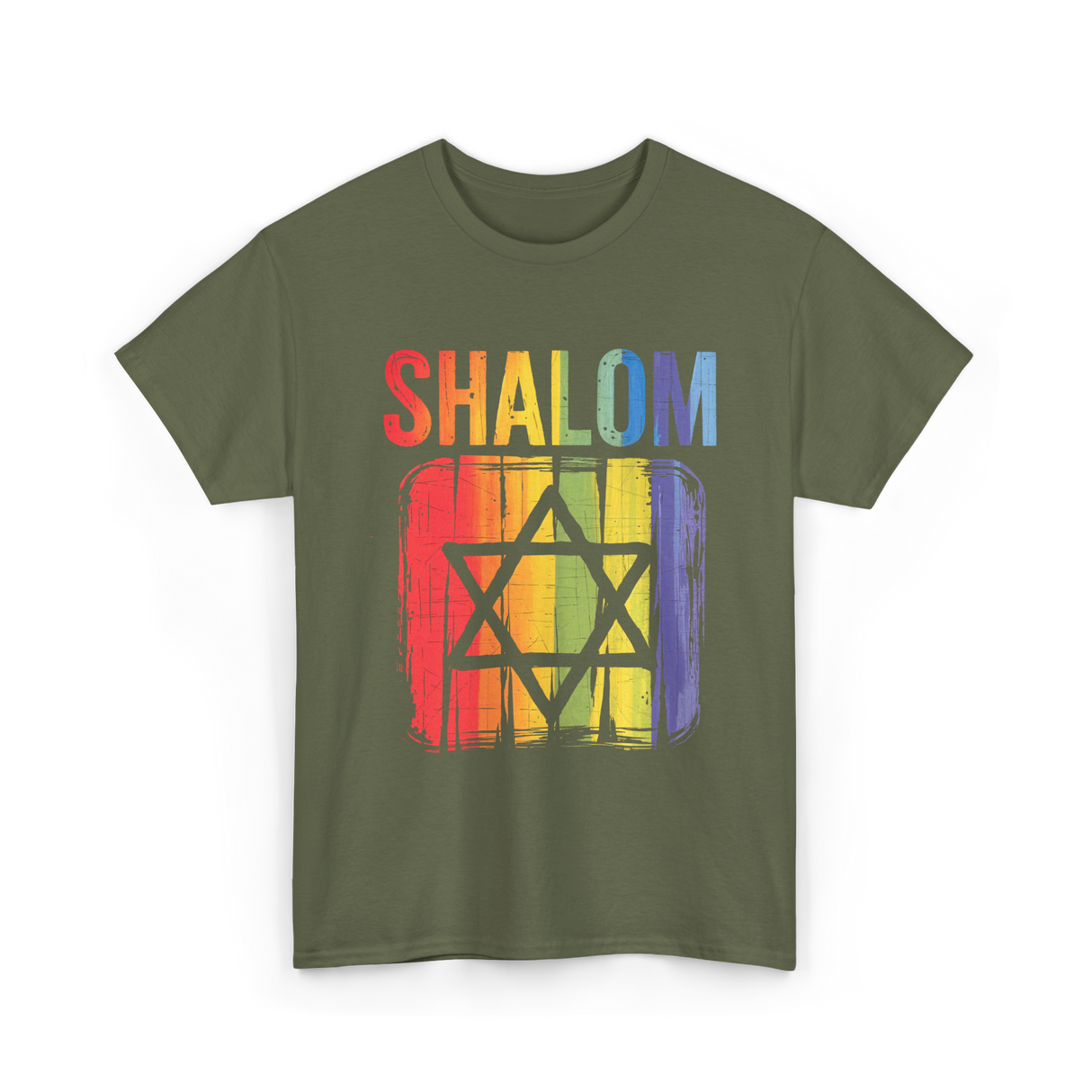 Shalom Rainbow Star Jewish Peace T-Shirt - Military Green