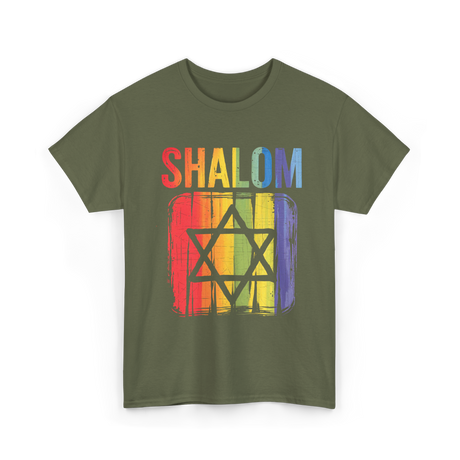 Shalom Rainbow Star Jewish Peace T-Shirt - Military Green