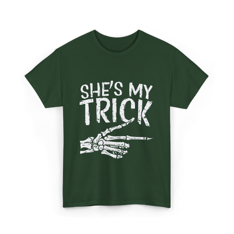 She's My Trick Skeleton Halloween T-Shirt - Forest Green