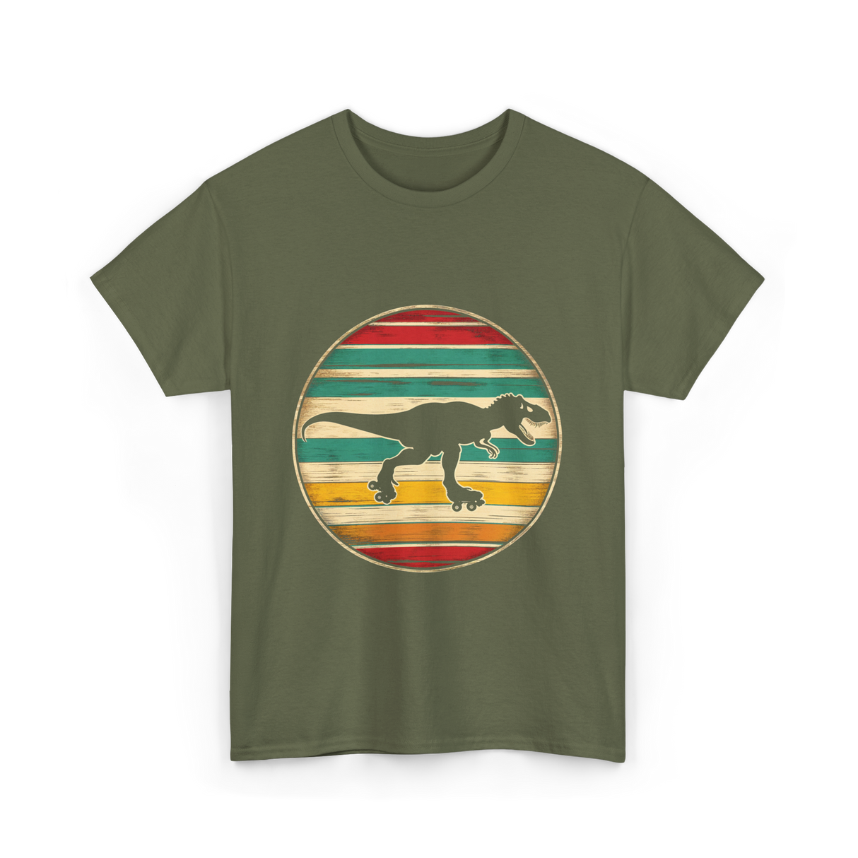 Skating Dinosaur Roller Retro T-Shirt - Military Green