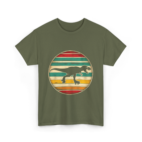 Skating Dinosaur Roller Retro T-Shirt - Military Green