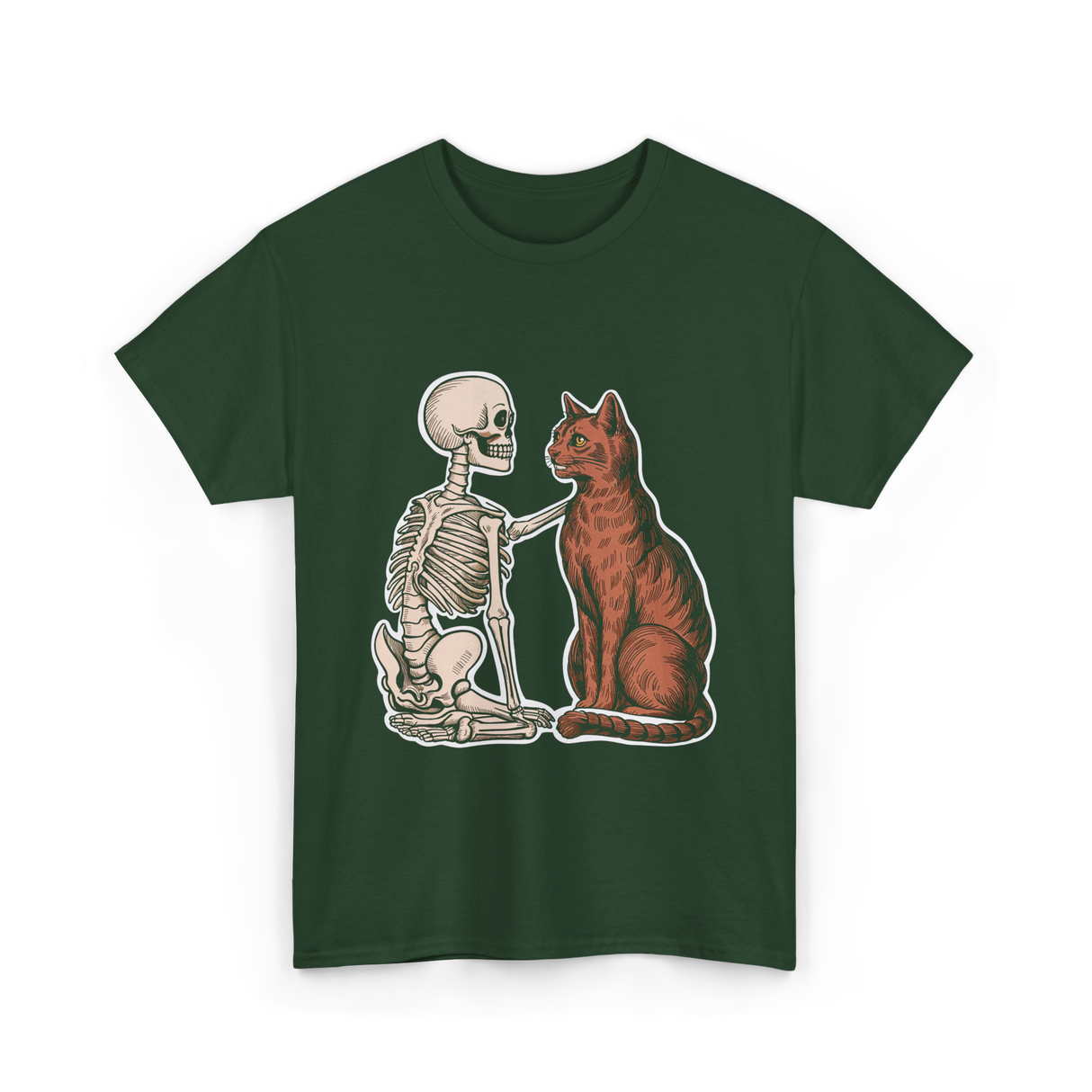 Skeleton Cat Halloween T-Shirt - Forest Green