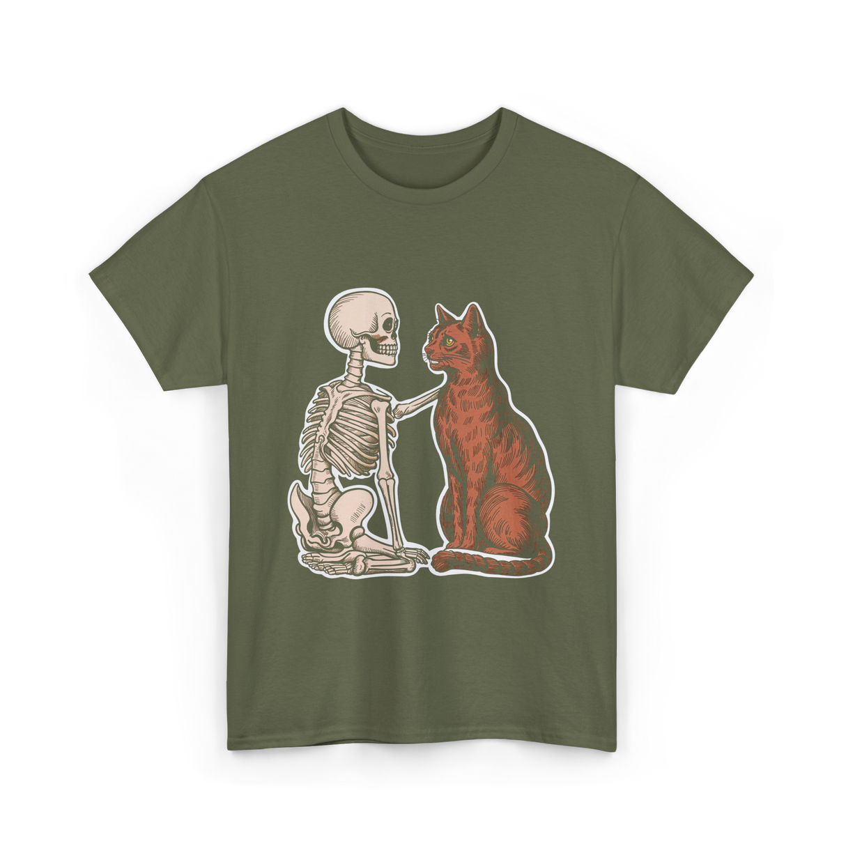 Skeleton Cat Halloween T-Shirt - Military Green