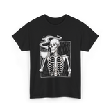 Skeleton Drinking Coffee Coffee Lover T-Shirt - Black