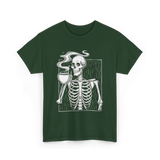 Skeleton Drinking Coffee Coffee Lover T-Shirt - Forest Green