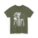 Skeleton Drinking Coffee Coffee Lover T-Shirt - Military Green