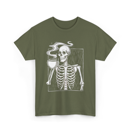 Skeleton Drinking Coffee Coffee Lover T-Shirt - Military Green