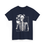 Skeleton Drinking Coffee Coffee Lover T-Shirt - Navy