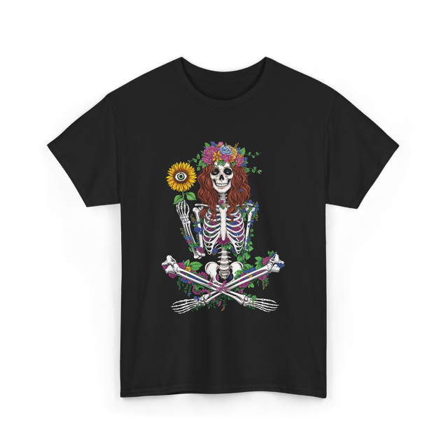 Skeleton Flower Hippie Nature T-Shirt - Black