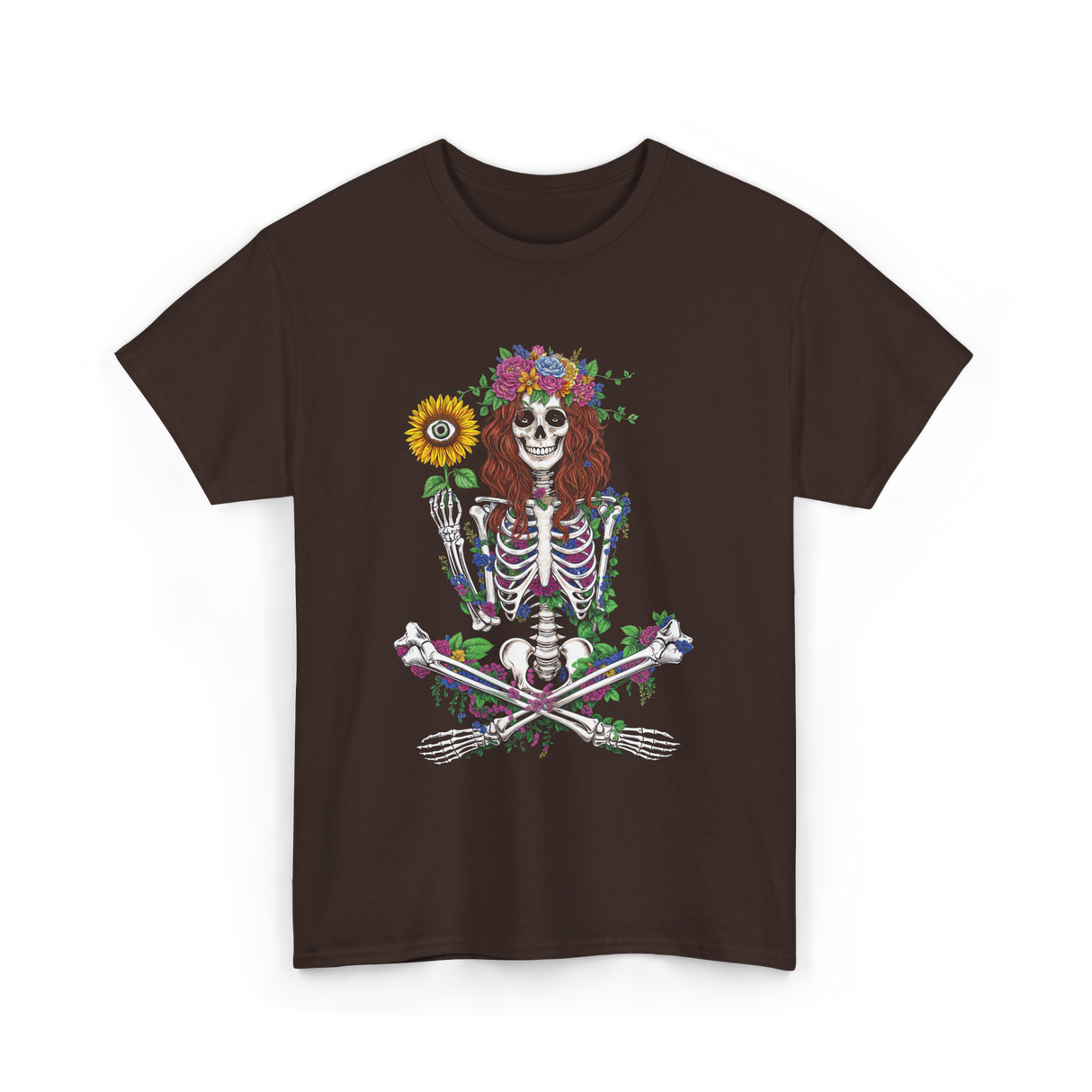 Skeleton Flower Hippie Nature T-Shirt - Dark Chocolate