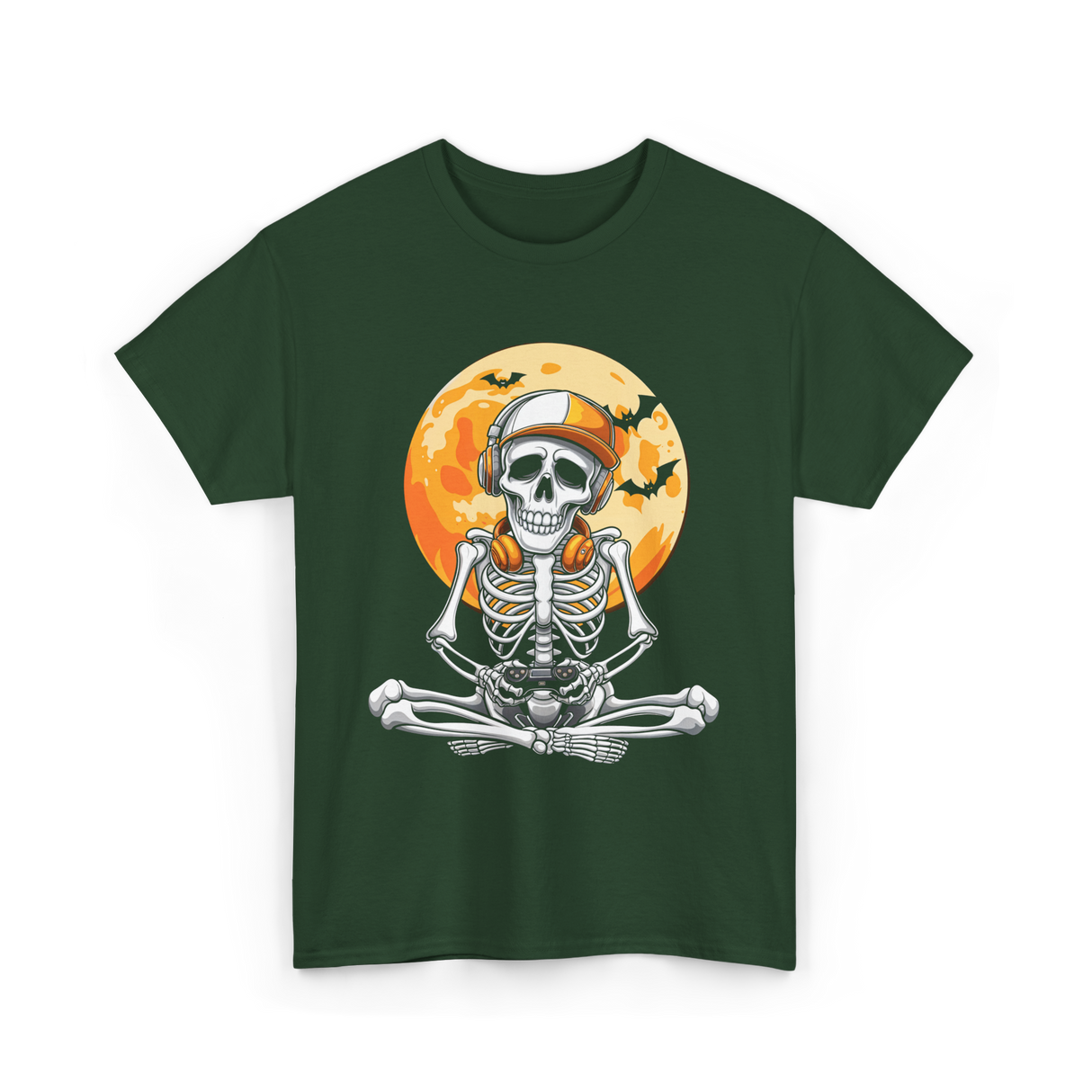 Skeleton Gamer Halloween Gaming T-Shirt - Forest Green