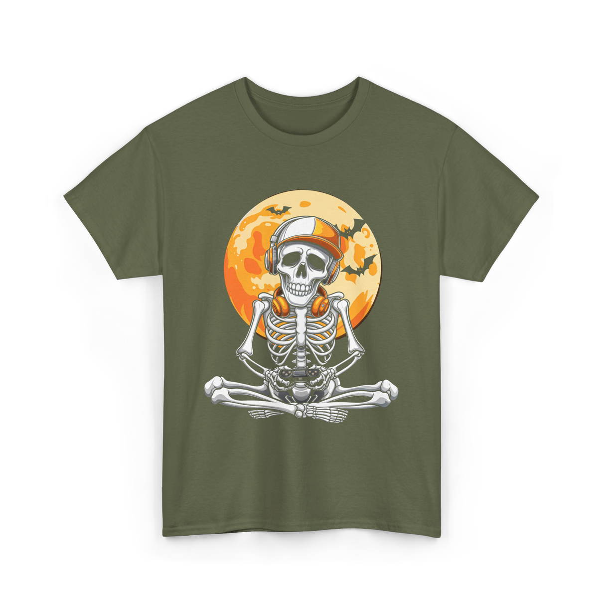 Skeleton Gamer Halloween Gaming T-Shirt - Military Green