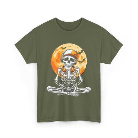 Skeleton Gamer Halloween Gaming T-Shirt - Military Green