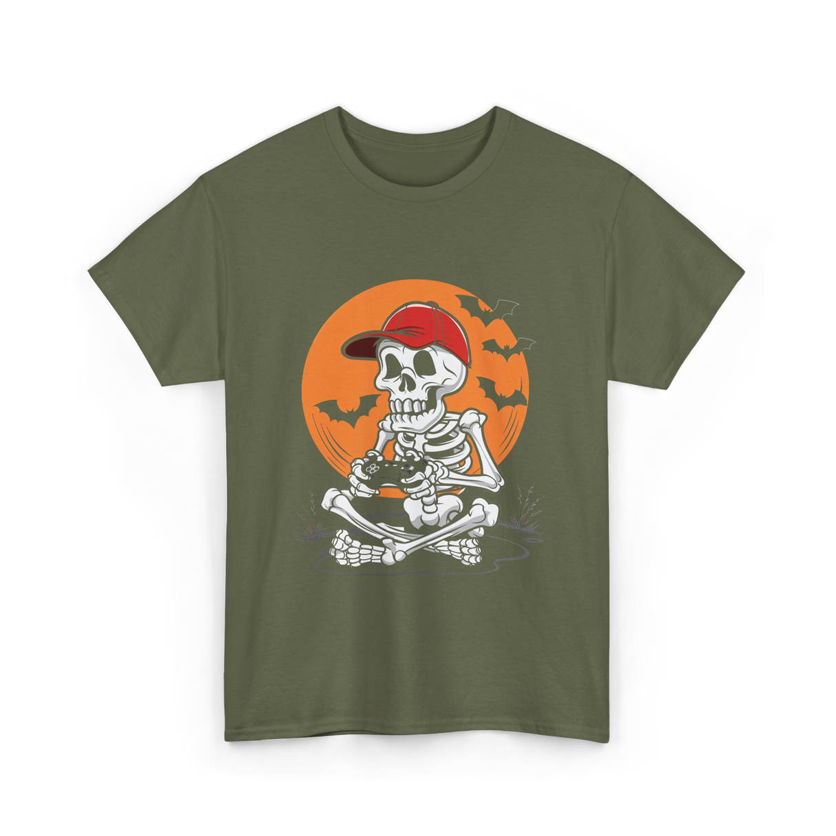 Skeleton Gamer Halloween Video Game T-Shirt - Military Green