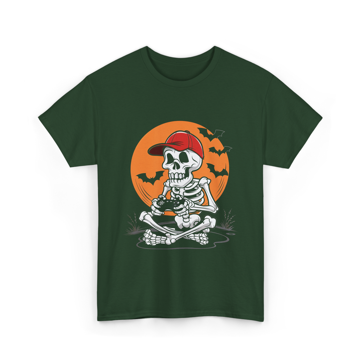 Skeleton Gamer Halloween Video Game T-Shirt - Forest Green