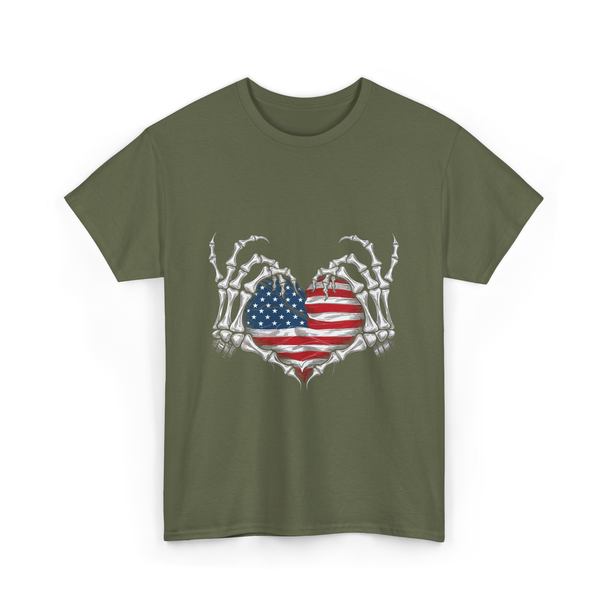 Skeleton Hand Heart Patriotic Love T-Shirt - Military Green