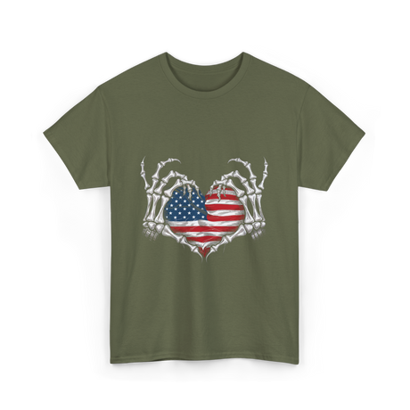 Skeleton Hand Heart Patriotic Love T-Shirt - Military Green