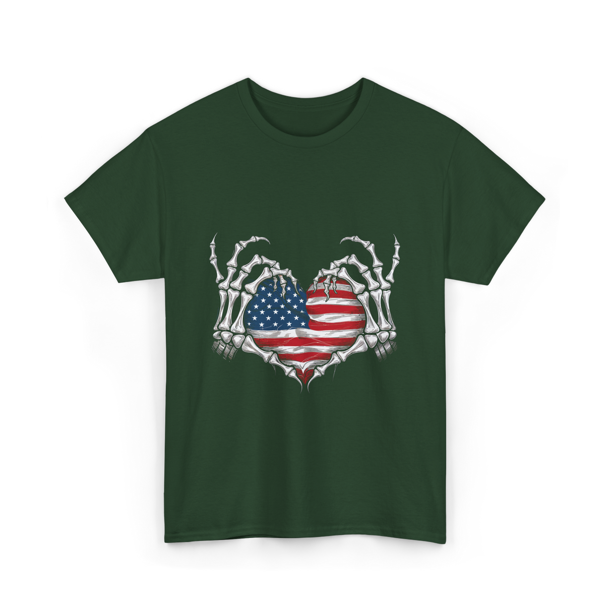 Skeleton Hand Heart Patriotic Love T-Shirt - Forest Green