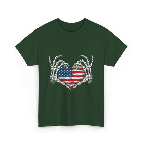 Skeleton Hand Heart Patriotic Love T-Shirt - Forest Green