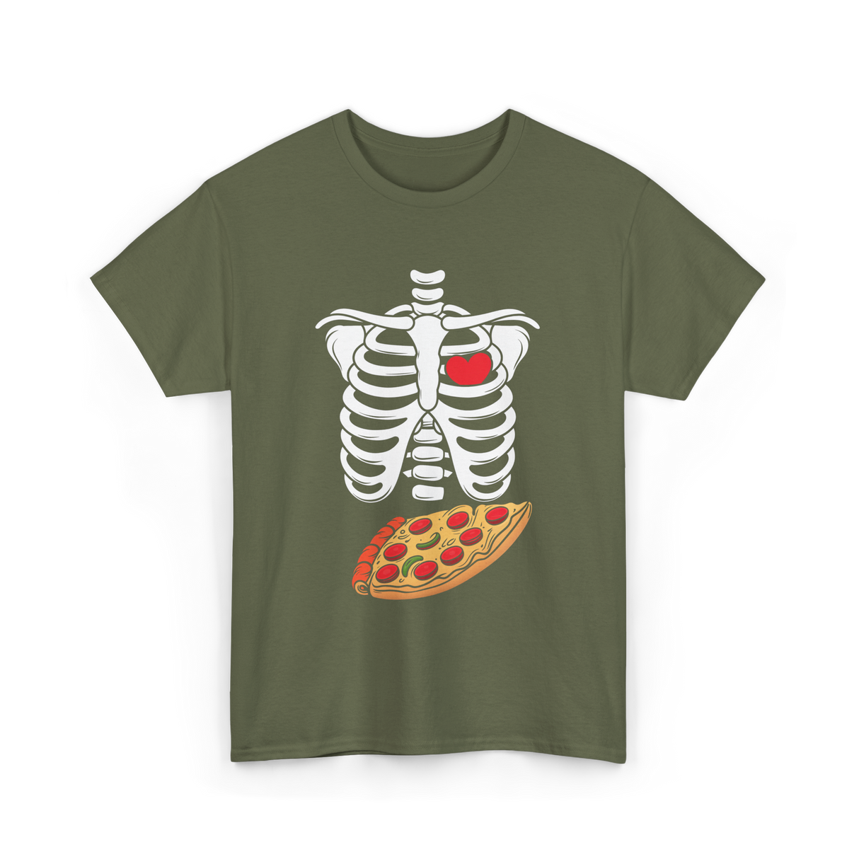 Skeleton Pizza Heart T-Shirt - Military Green