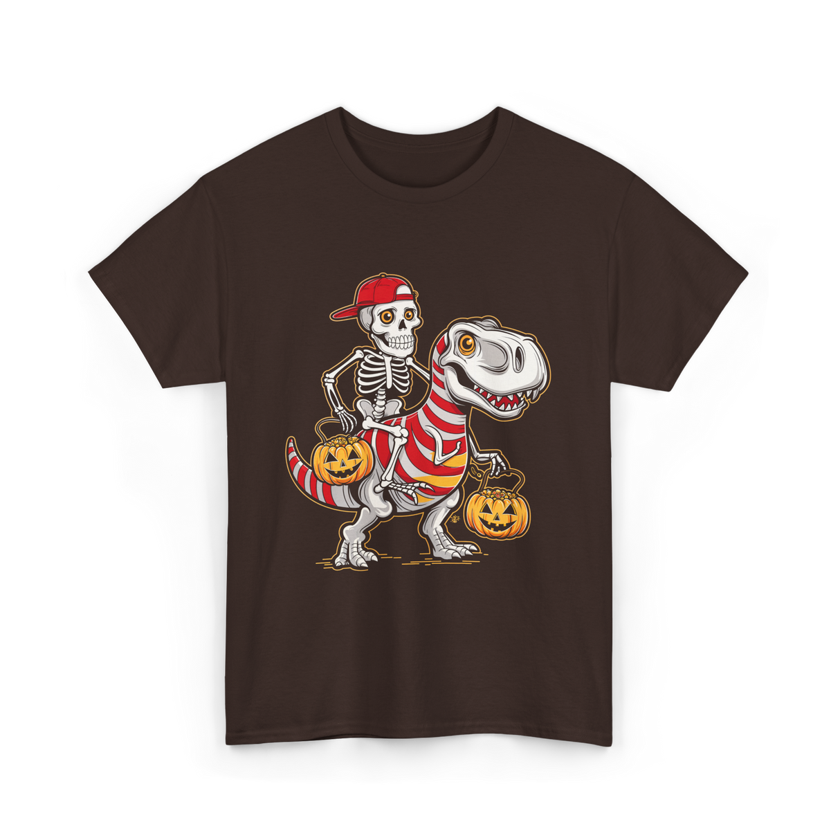 Skeleton Riding Dinosaur Halloween T-Shirt - Dark Chocolate